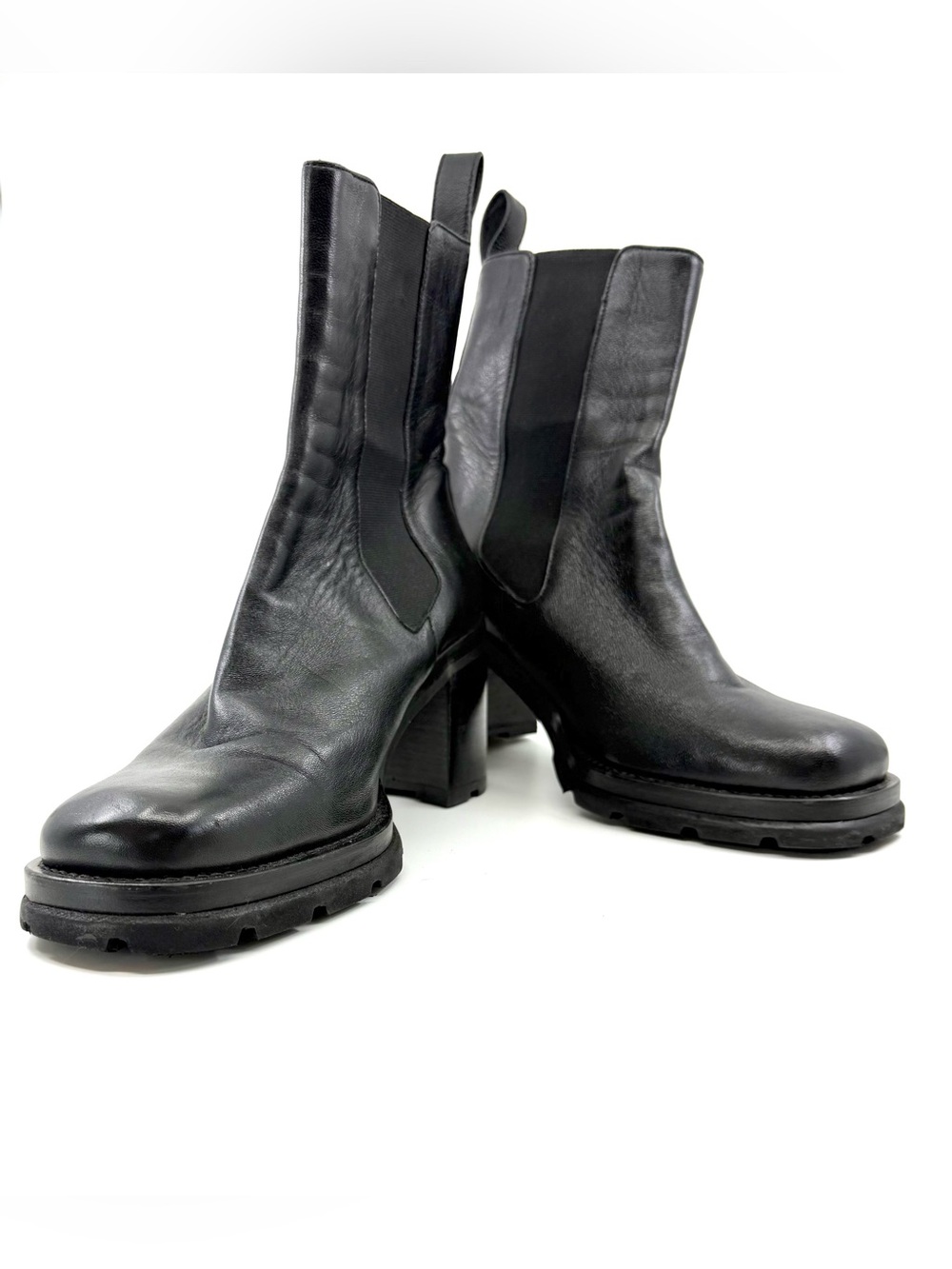 BY FAR Black Leather Chunky Heel Chelsea Ankle Boots